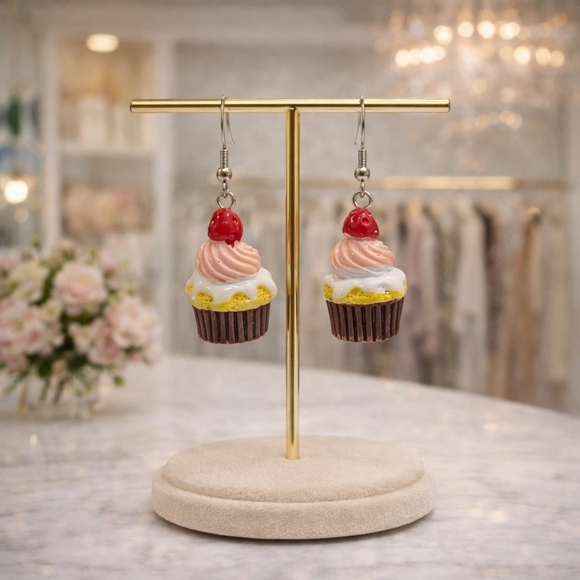 Handmade Cupcake Earrings Strawberry Topped Frosting | Y2K Novelty Jewelry - Picture 3 of 4